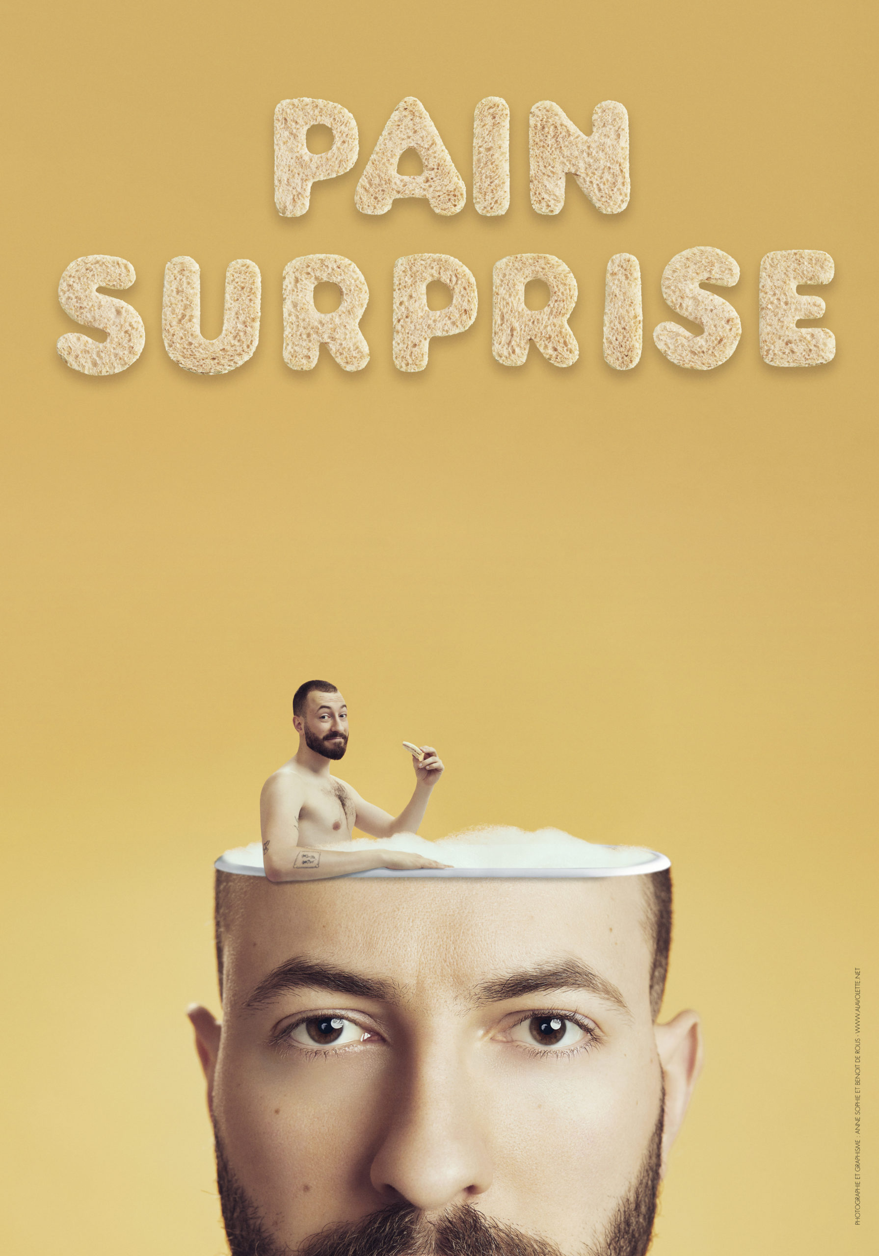 Blaise Bersinger_Pain surprise_affiche A la Volette man in black button up shirt and blue denim jeans